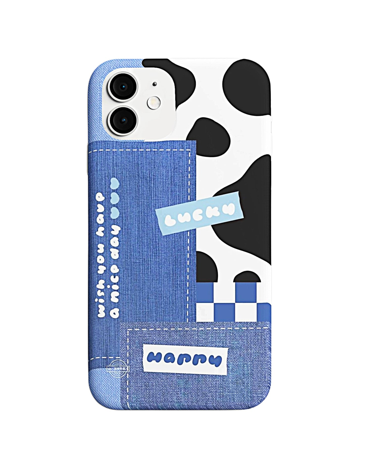 Denim Patch & Cow Print – Lucky & Happy Vibes Case